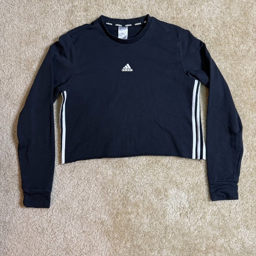 Adidas Womens Cropped Sweatshirt Black Three Stripe Long Sleeve Logo Large